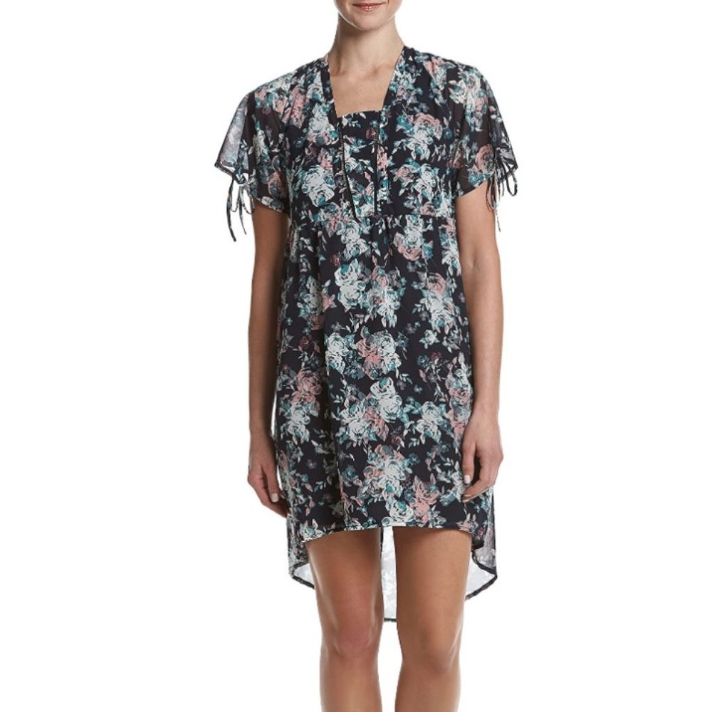 Womens Relativity Sheer High Low Floral Summer Dress Size Sm Med Navy Blue NWT
